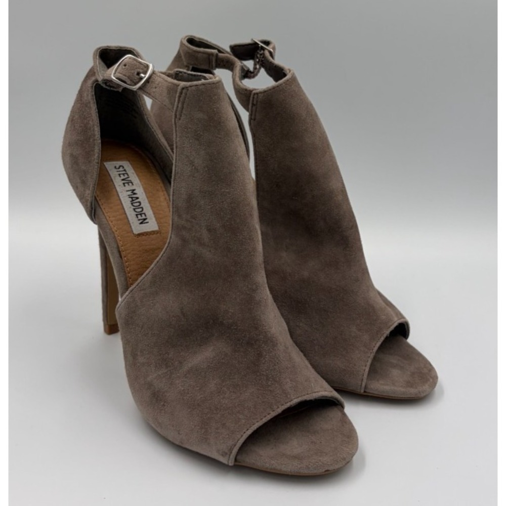 Steve Madden Sloane Womens 8.5 Gray Suede Peep Toe Ankle Strap Heels SLIA0231